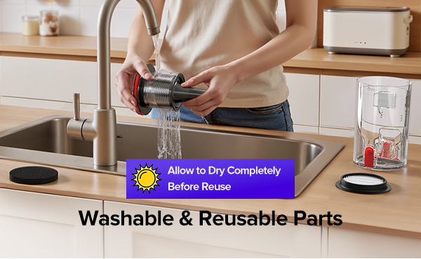 Person holding a kitchen faucet handle with text about washable and reusable parts in a kitchen setting.
