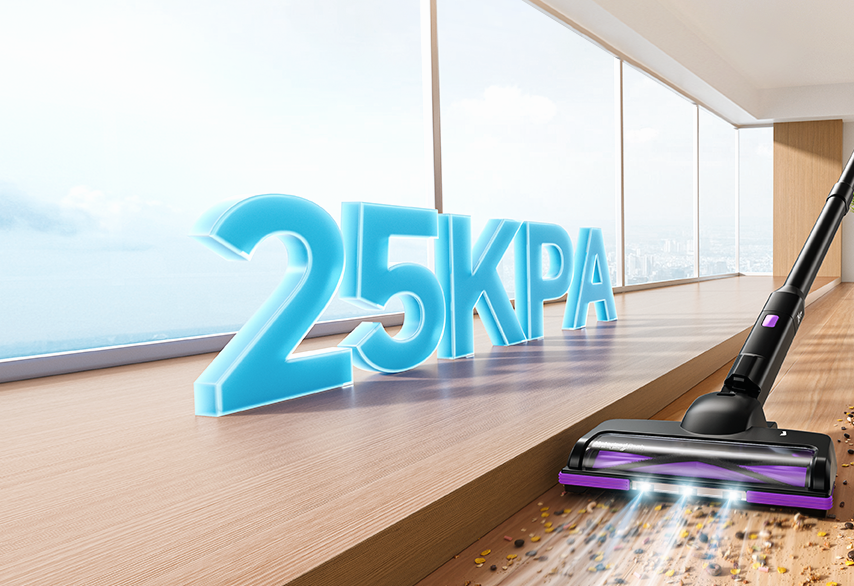 Person using a vacuum cleaner on a wooden floor with '25KPA' text displayed.