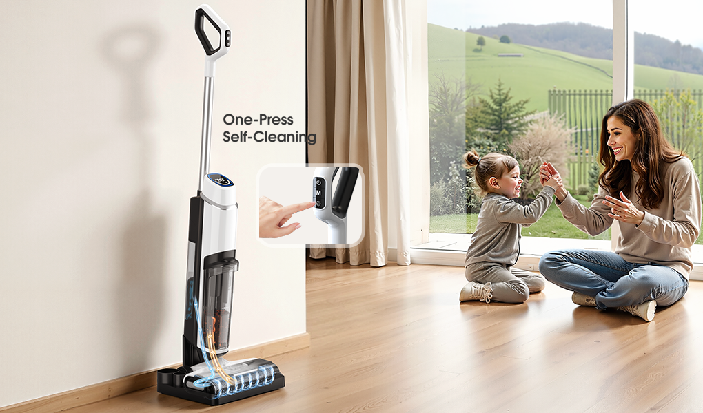 Woman and child playing on a wooden floor with a vacuum cleaner in the foreground.