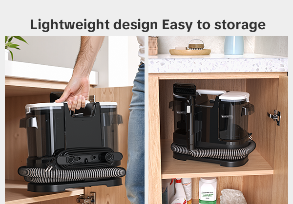 Black vacuum cleaner being stored in a cabinet with text 'Lightweight design Easy to storage'.