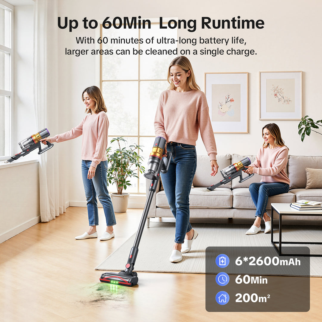Up to 60Min Long Runtime
With 60 minutes of ultra-long battery life, larger areas can be cleaned on a single charge.