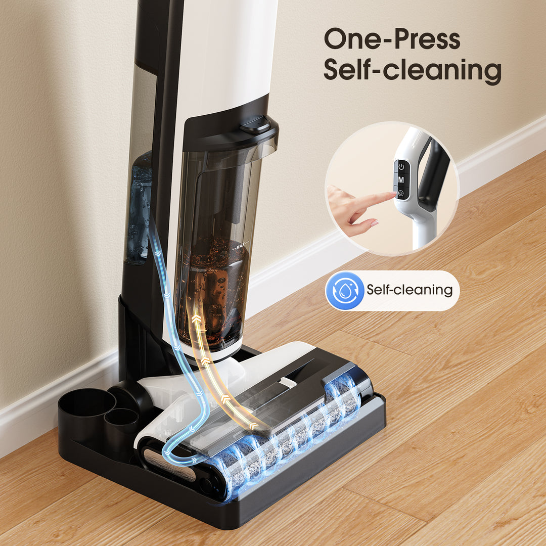 Vacuum cleaner with self-cleaning feature on a wooden floor