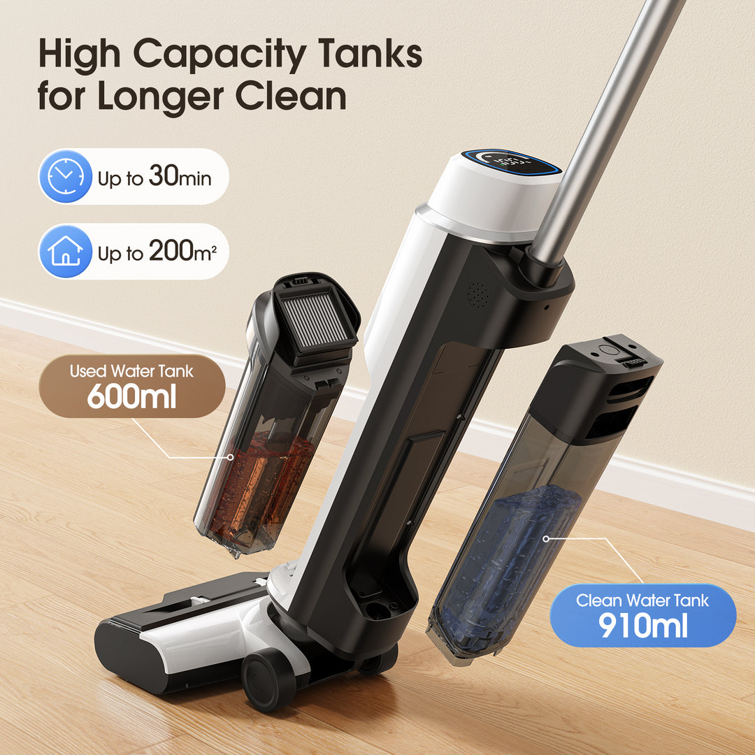 Vacuum cleaner with water tanks on a wooden floor, highlighting capacity and cleaning time.