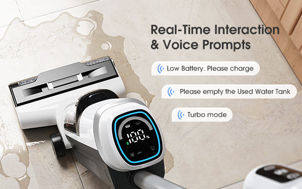 Robotic vacuum cleaner cleaning a tiled floor with digital display and text about real-time interaction and voice prompts.