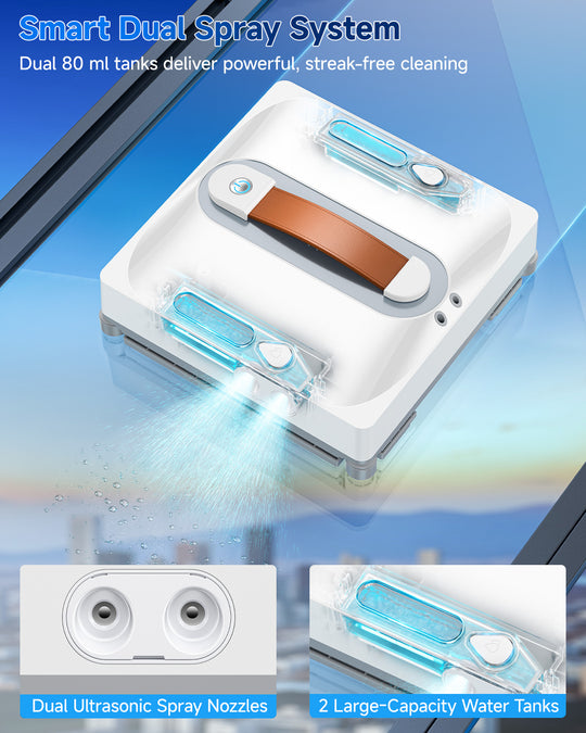 Smart dual spray system with ultrasonic nozzles and large-capacity water tanks on a blue gradient background.