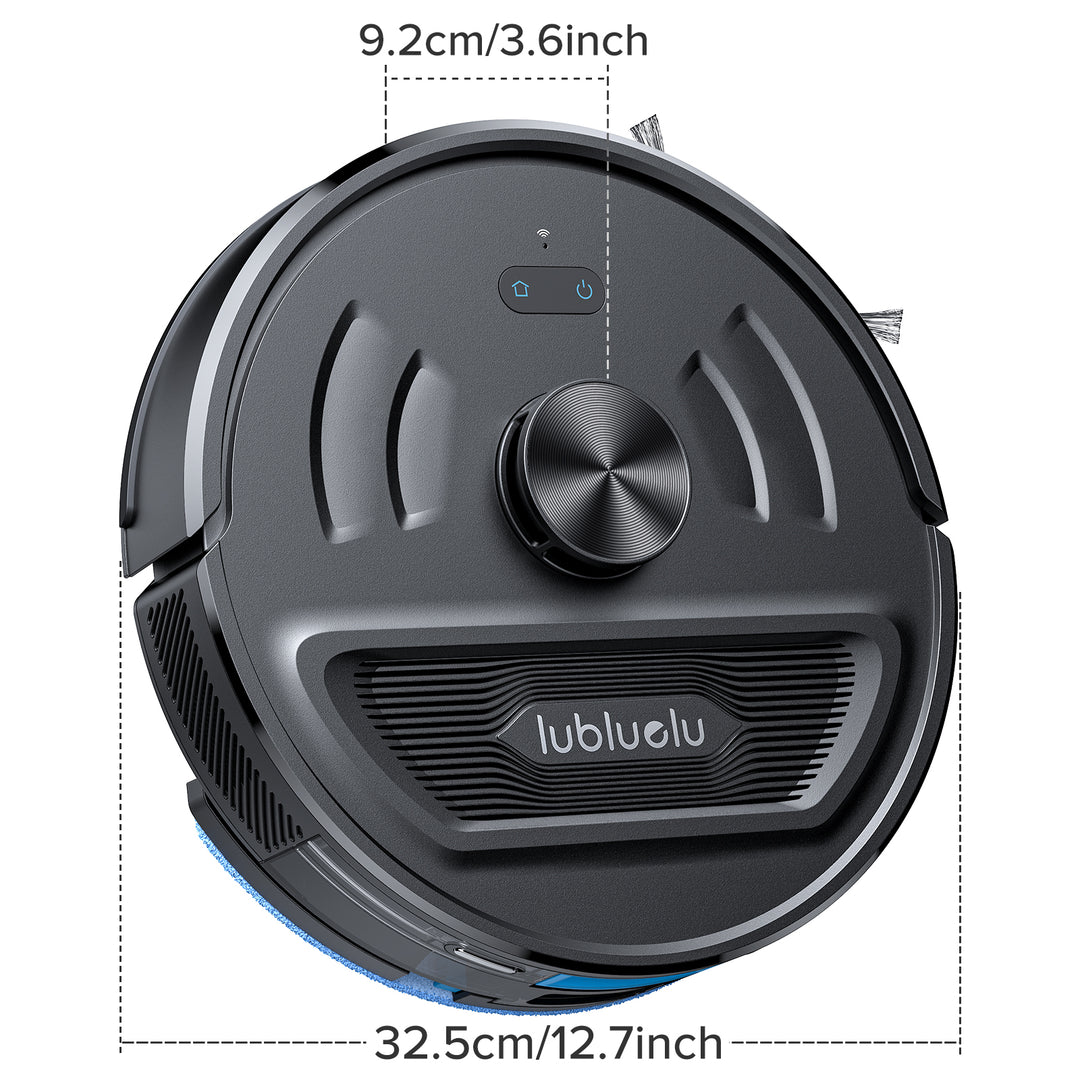 Lubluolu robot vacuum cleaner with dimensions labeled on a white background