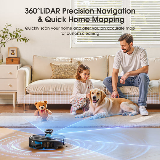 360°LiDAR Precision Navigation
& Quick Home Mapping.Quickly scan your home and offer you an accurate map5 for custom cleaning
