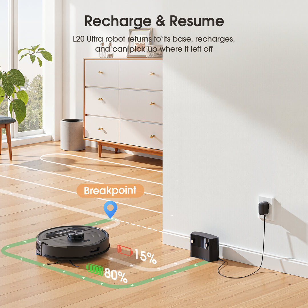 Recharge & Resume L20 Ultra robot returns to its base, recharges, and can pick up where it left off