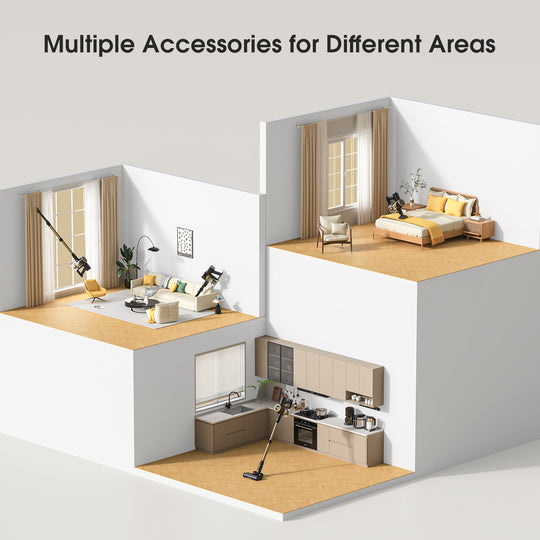 Diagram of a modern living space with different areas and accessories.
