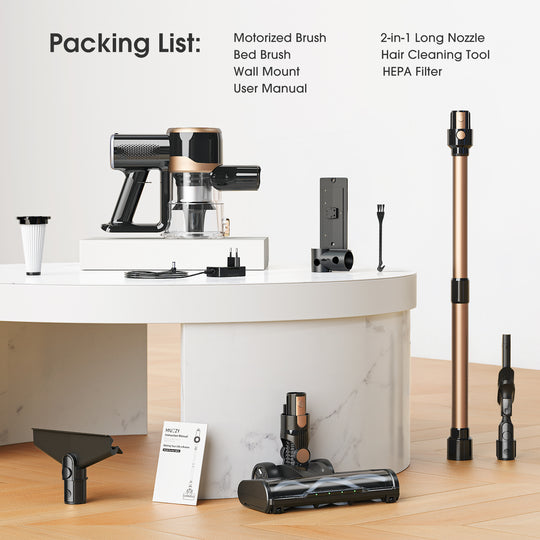 Packing list of a cleaning tool with various attachments on a white surface.