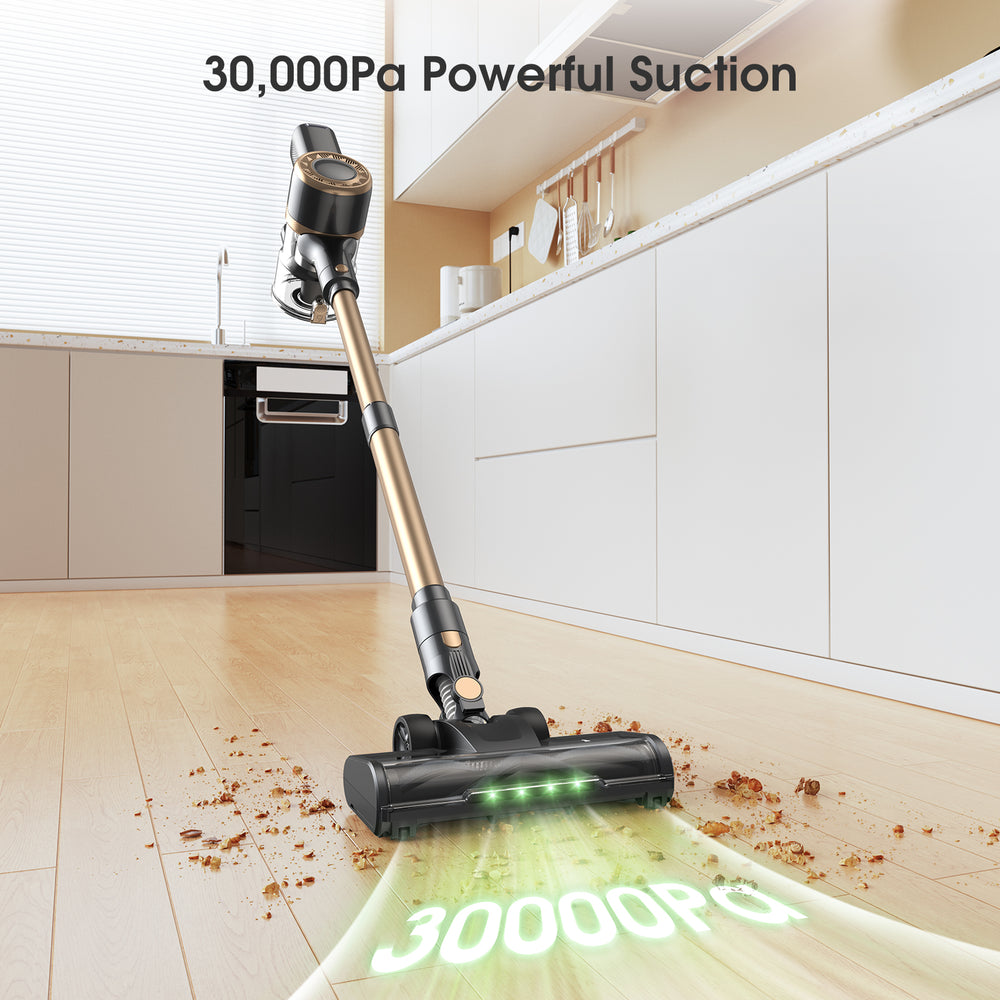 Cordless vacuum cleaner with powerful suction cleaning a floor in a kitchen.