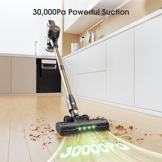 Cordless vacuum cleaner with powerful suction cleaning a floor in a kitchen.