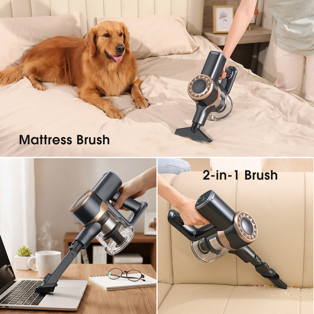 Mattress brush being used on a bed, with a 2-in-1 brush shown on a couch.