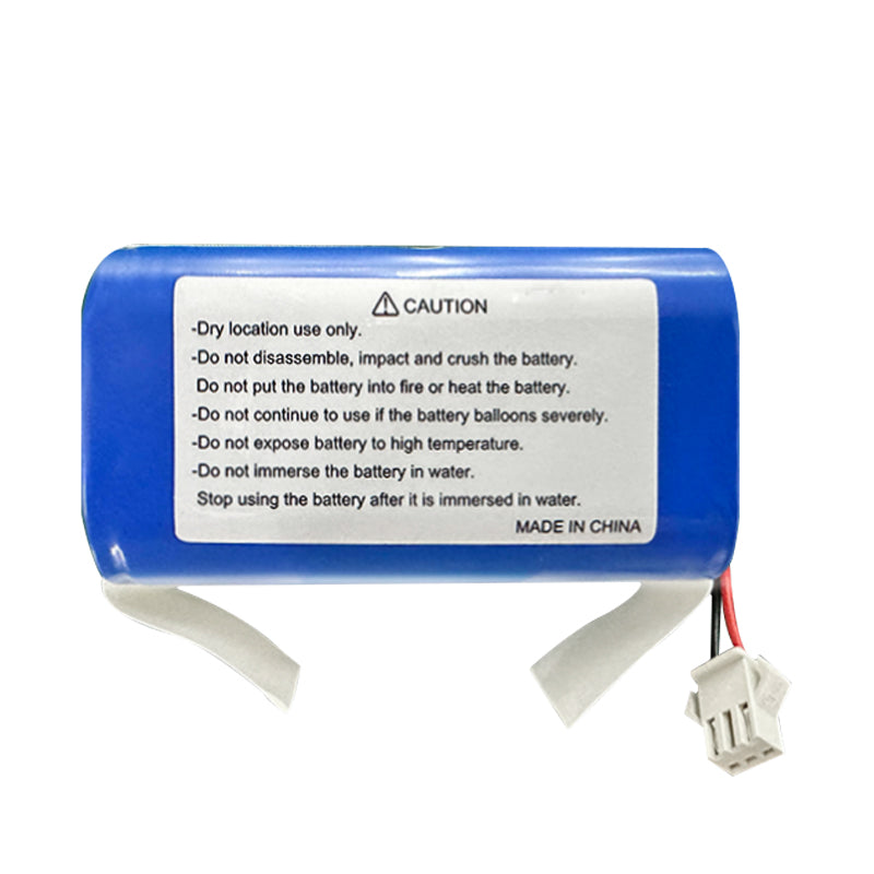 A blue lithium-ion battery with white connectors and caution labels, made in China, for a robotic vacuum cleaner.