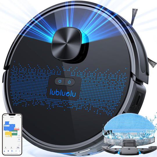 Robotic vacuum cleaner with blue lights and app interface on a white background