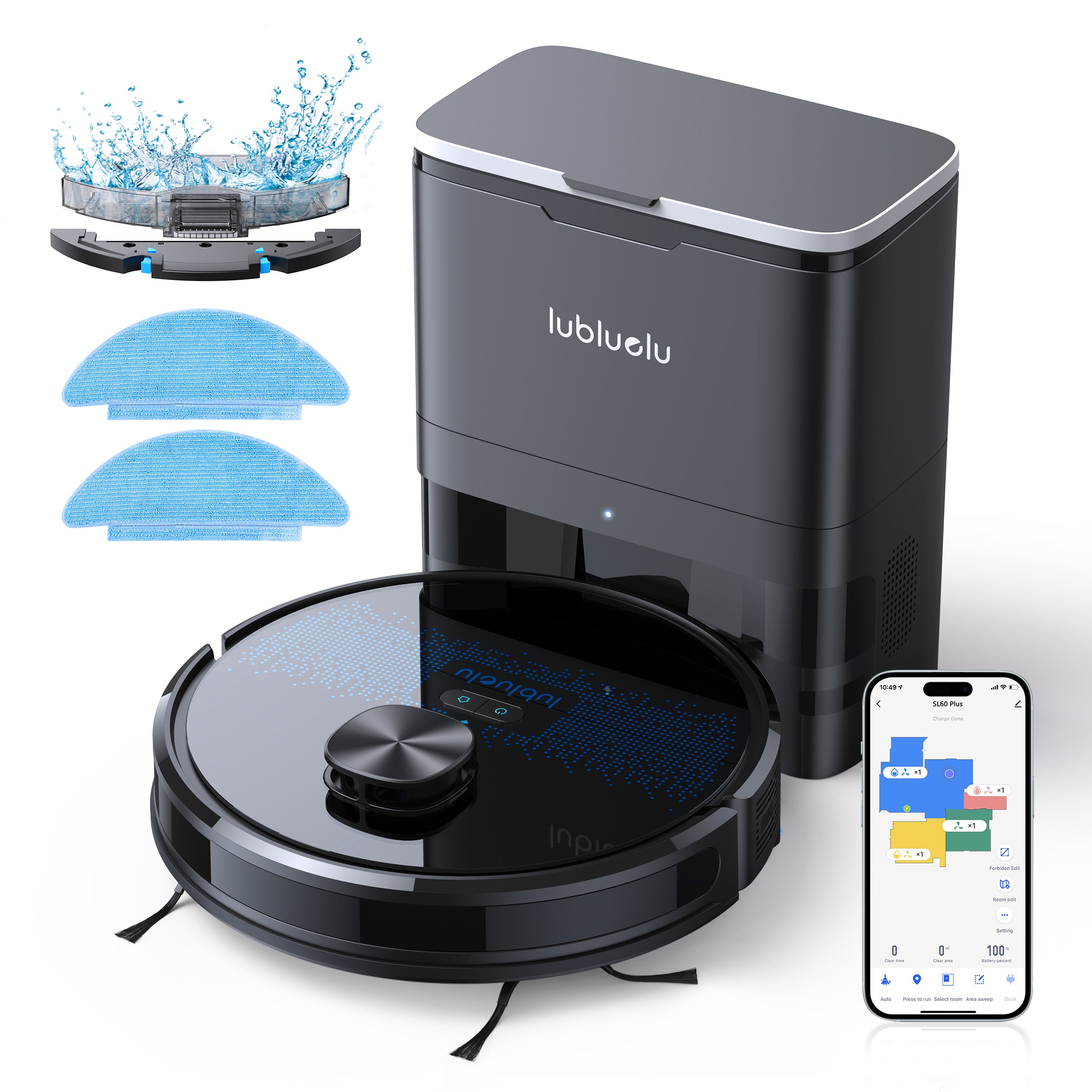A black lubluelu SL60 Plus - SL60D Robot Vacuum with 2.5L Automatic Suction Station, shown with accessories like side brushes, mop cloths, and a cleaning tool.