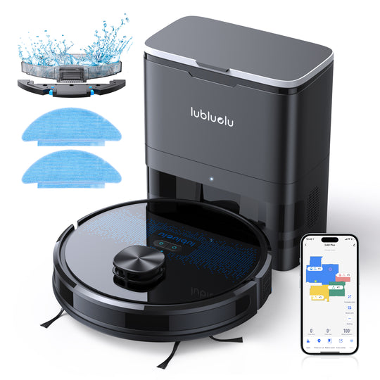 A black lubluelu SL60 Plus - SL60D Robot Vacuum with 2.5L Automatic Suction Station, shown with accessories like side brushes, mop cloths, and a cleaning tool.