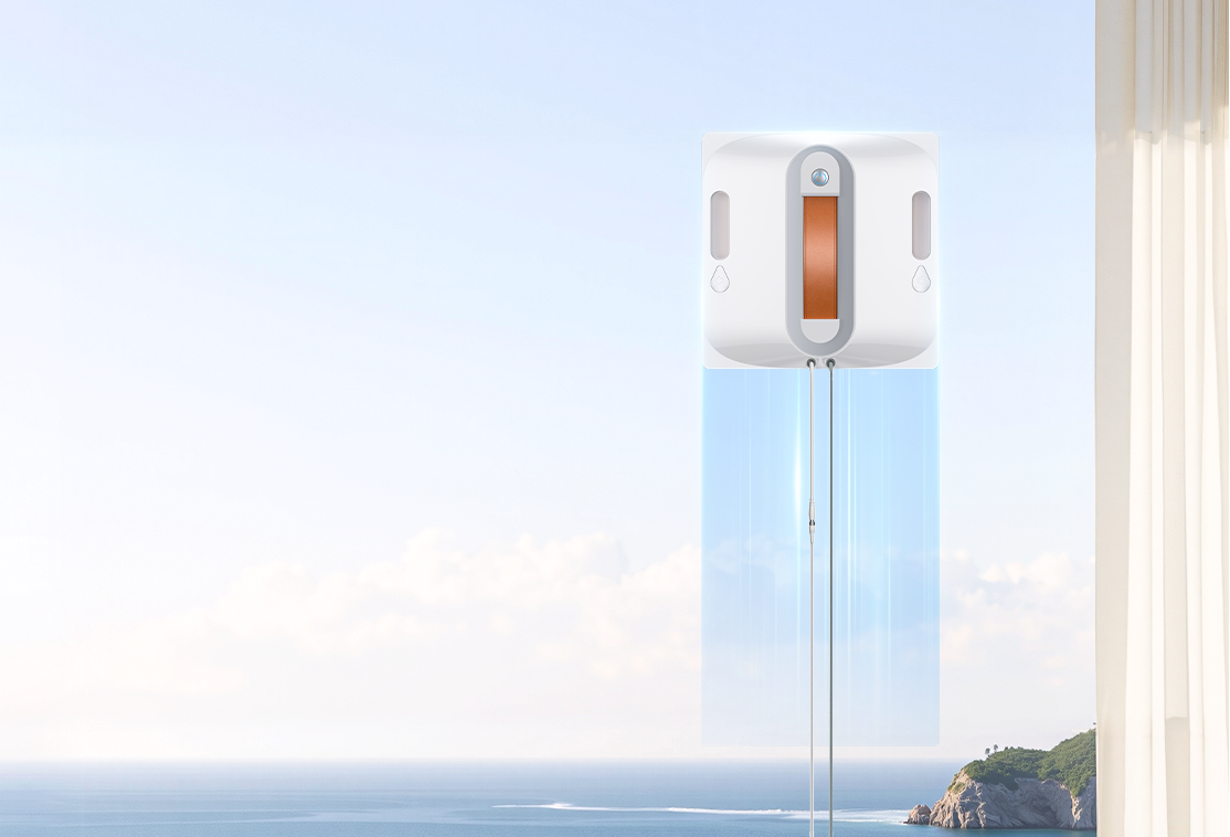 Modern interior with a view of the ocean and a white lamp.