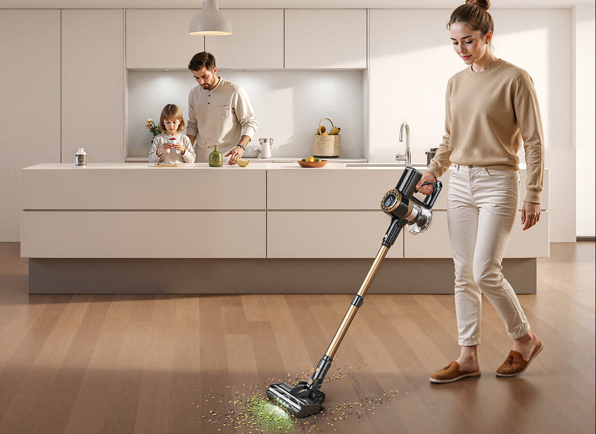 Woman using a cordless vacuum cleaner in a modern kitchen.