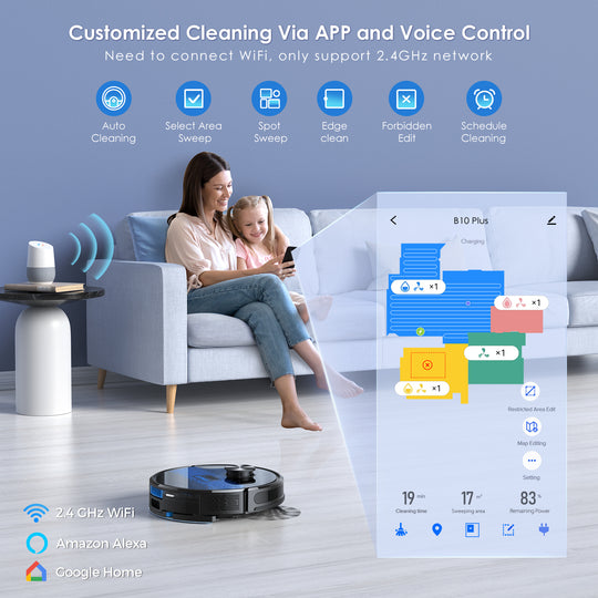 Compatible with the mobile app, Alexa, and Google Assistant, users can schedule cleaning, customize maps, and enjoy voice-controlled operation.
