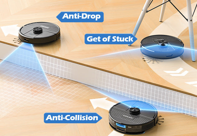 Robot vacuum cleaner with features 'Anti-Drop', 'Get of Stuck', and 'Anti-Collision' on a wooden floor.